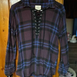 American Eagle Plaid Lace-Up Shirt
